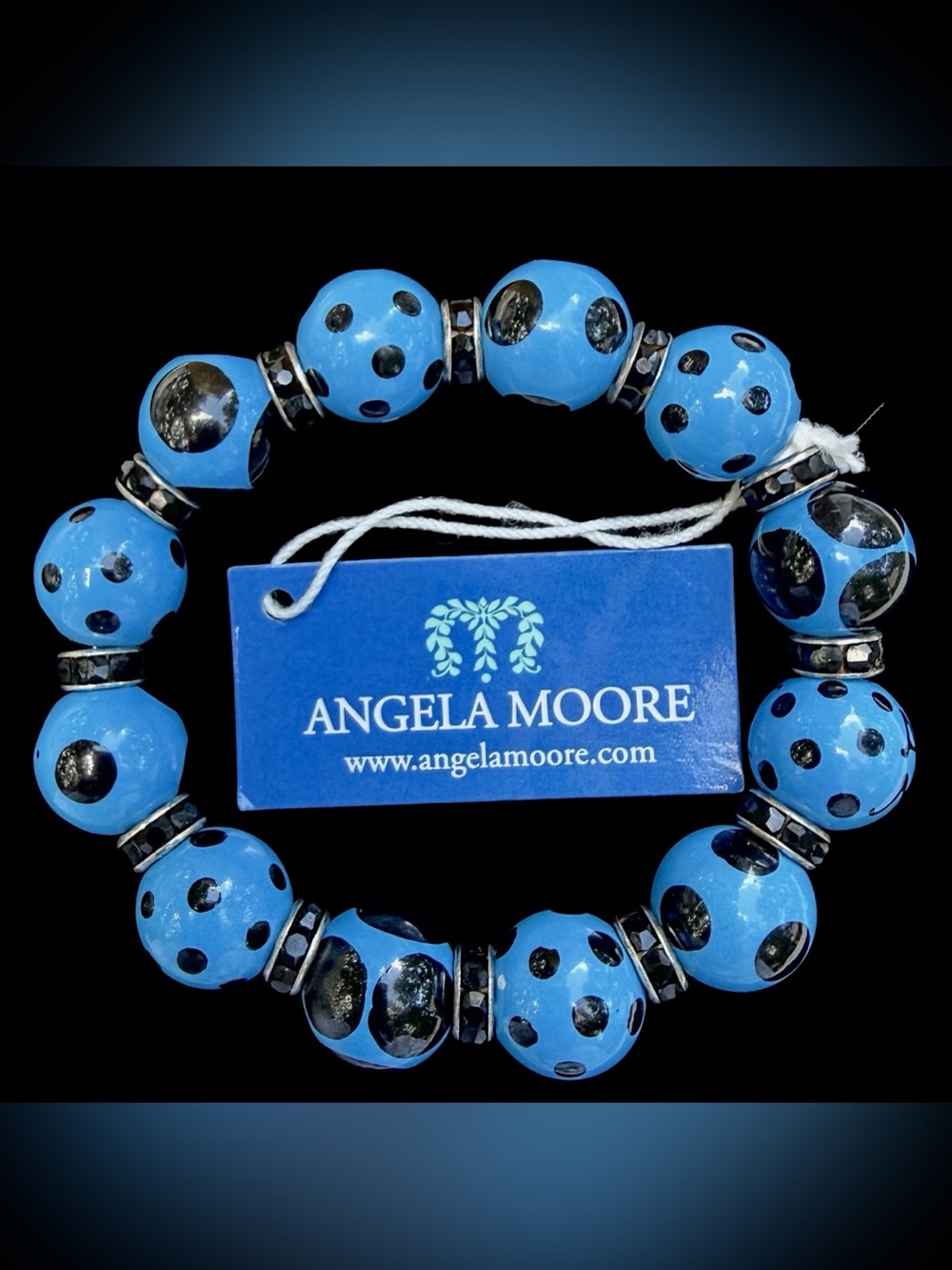 Angela Moore crystal Blue and black handpainted polka dot bead bracelet